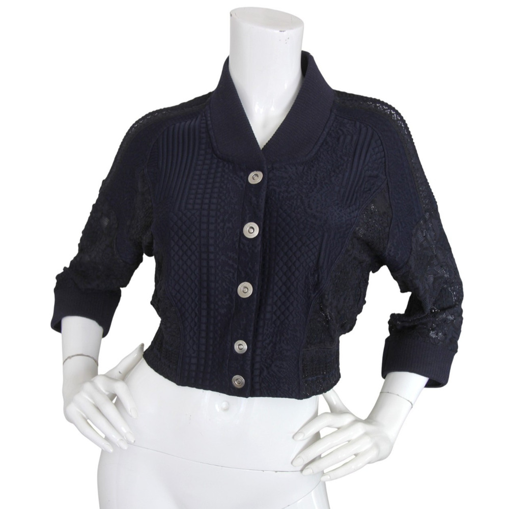 High Everyday Couture Crop Bomber Jacket Navy Lace Textured Knit US 8 IT44